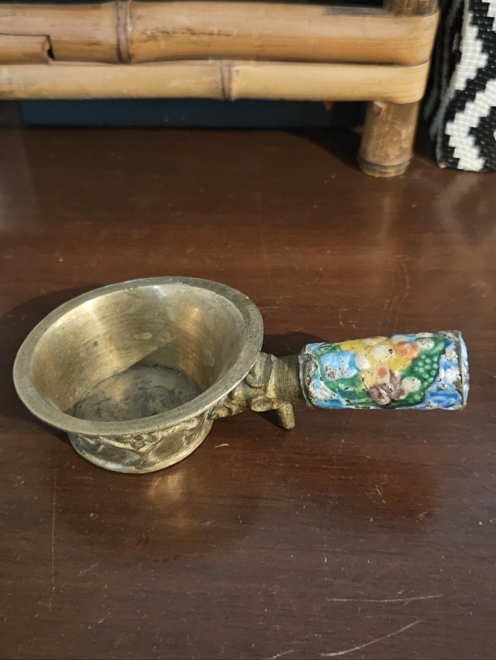 Vintage Brass Enamel Chinese Scoop